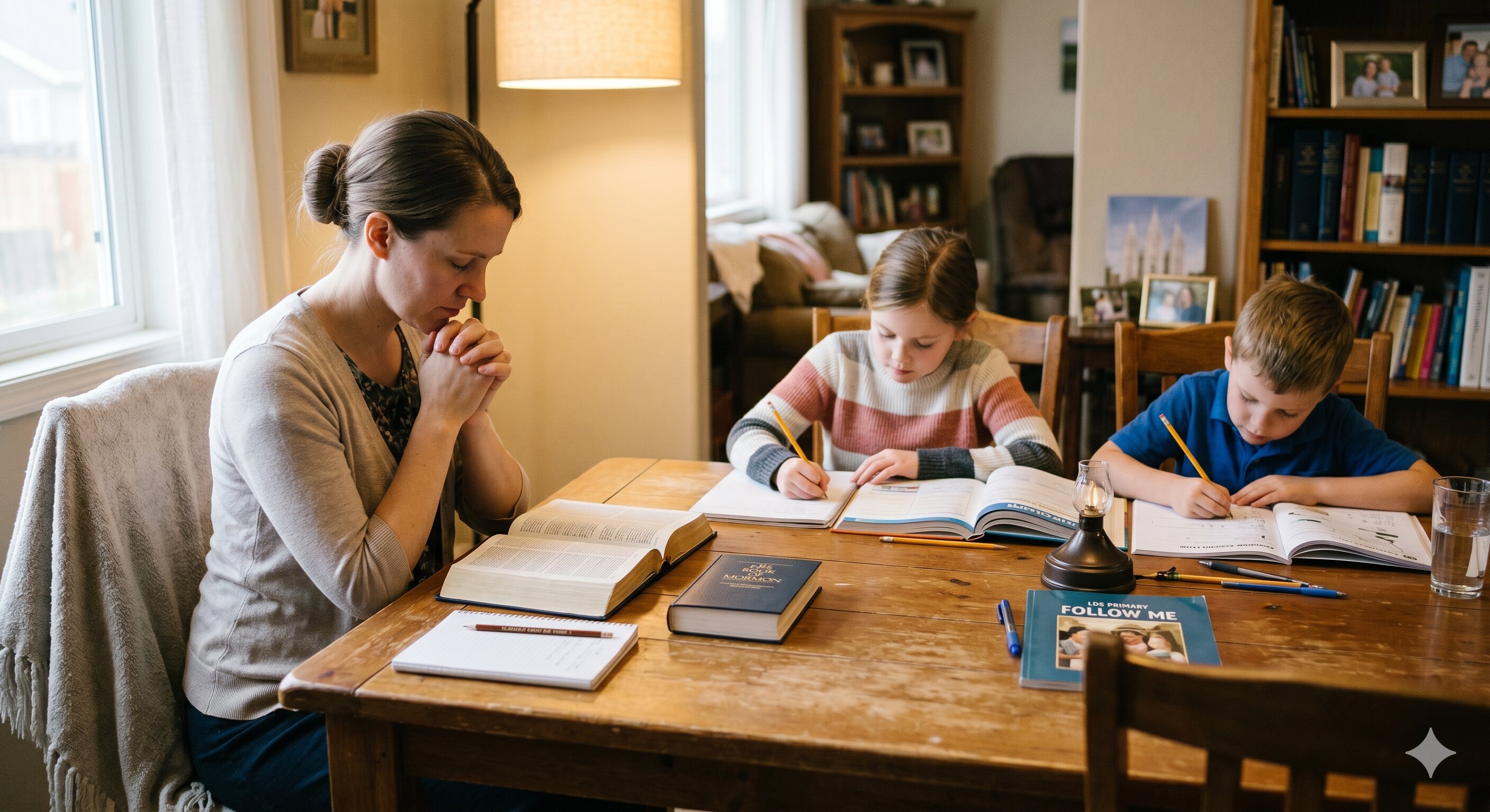 LDS Mother praying while children study at home